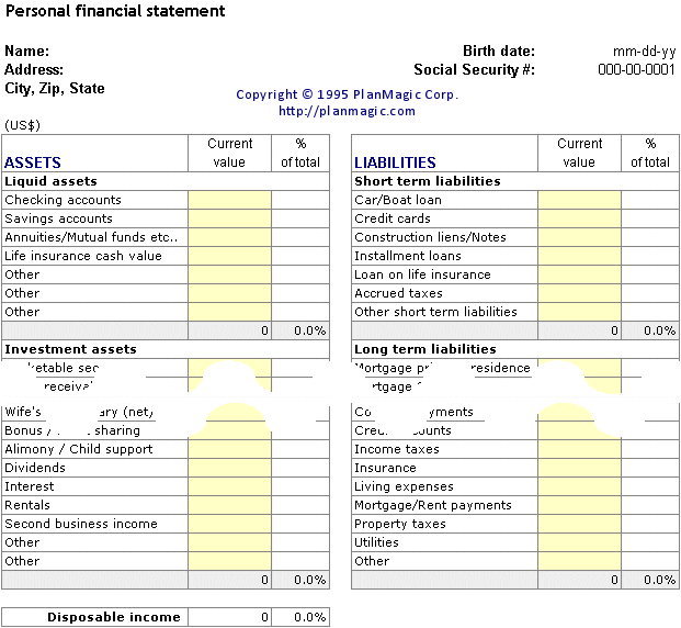 Online personal financial statement forms