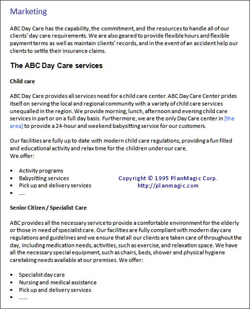 Free sample of a daycare business plan