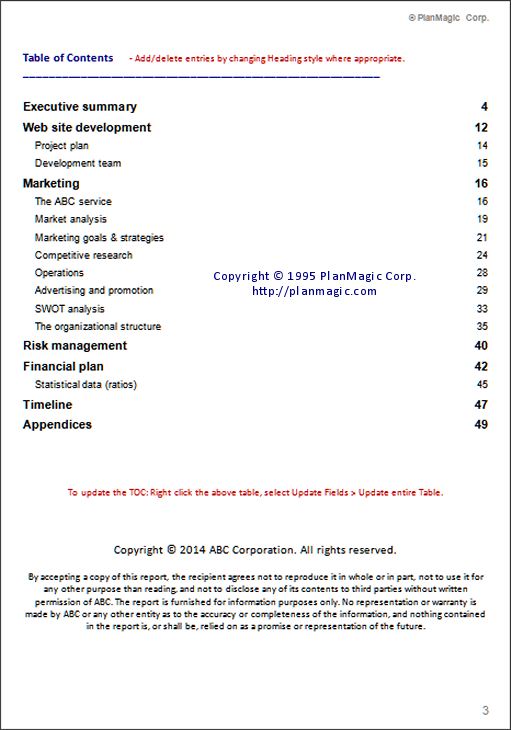 Online Business Plan Table Of Contents